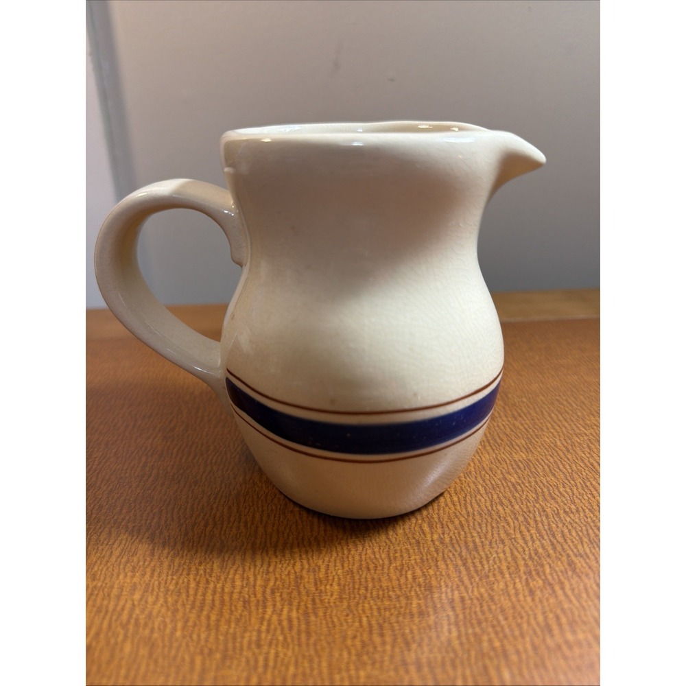 Vintage Lillian Vernon Pottery Pitcher With Blue Stripes 4.25" Crazing